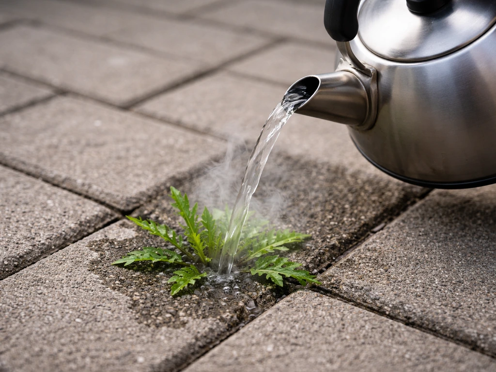 Bouilloire versant de l’eau bouillante sur des mauvaises herbes entre des pavés de terrasse, vapeur légère.