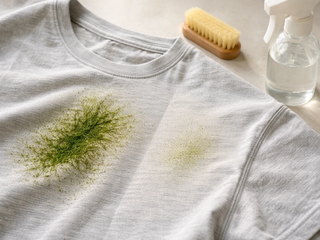 Gros plan d’une tache d’herbe sur tissu, nettoyée partiellement avec brosse et détachant, vert atténué.