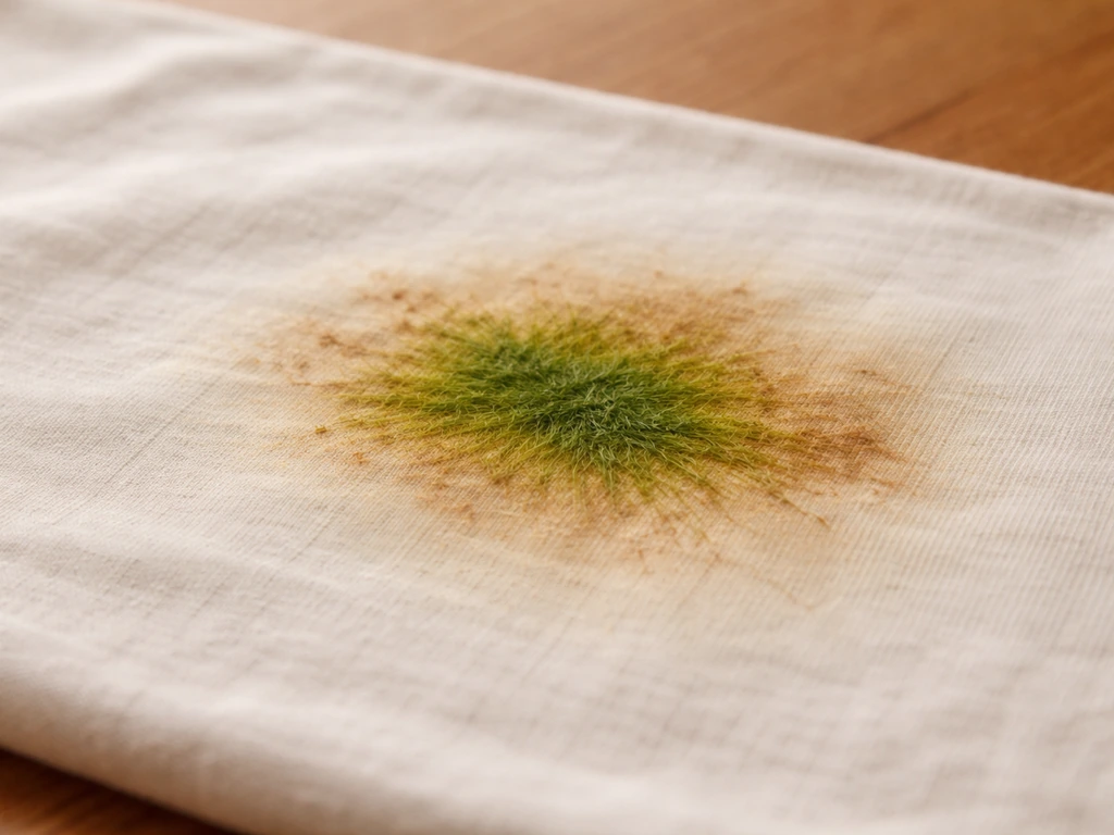 Gros plan sur un tissu de couleur claire avec une tache d’herbe verte et des traces brunâtres après lavage.