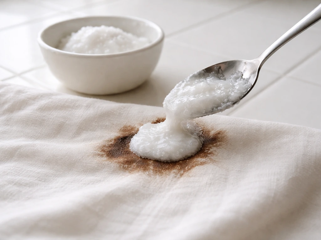 Pâte de bicarbonate en cours d’application sur une tache sombre d’un tissu clair, bol et cuillère visibles.