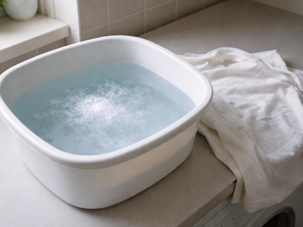 Vêtement blanc trempant dans une bassine d’eau avec percarbonate dissous pour traiter une tache incrustée.