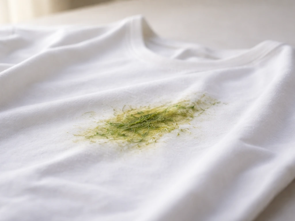 Gros plan d’un tissu blanc avec une tache verte d’herbe visible sur le vêtement.