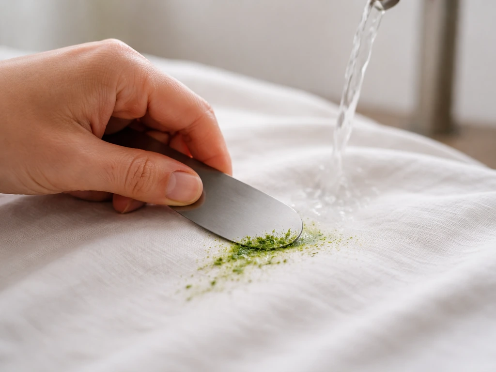 Main grattant doucement une tache d’herbe fraîche sur un tissu clair, avec un filet d’eau qui rince.