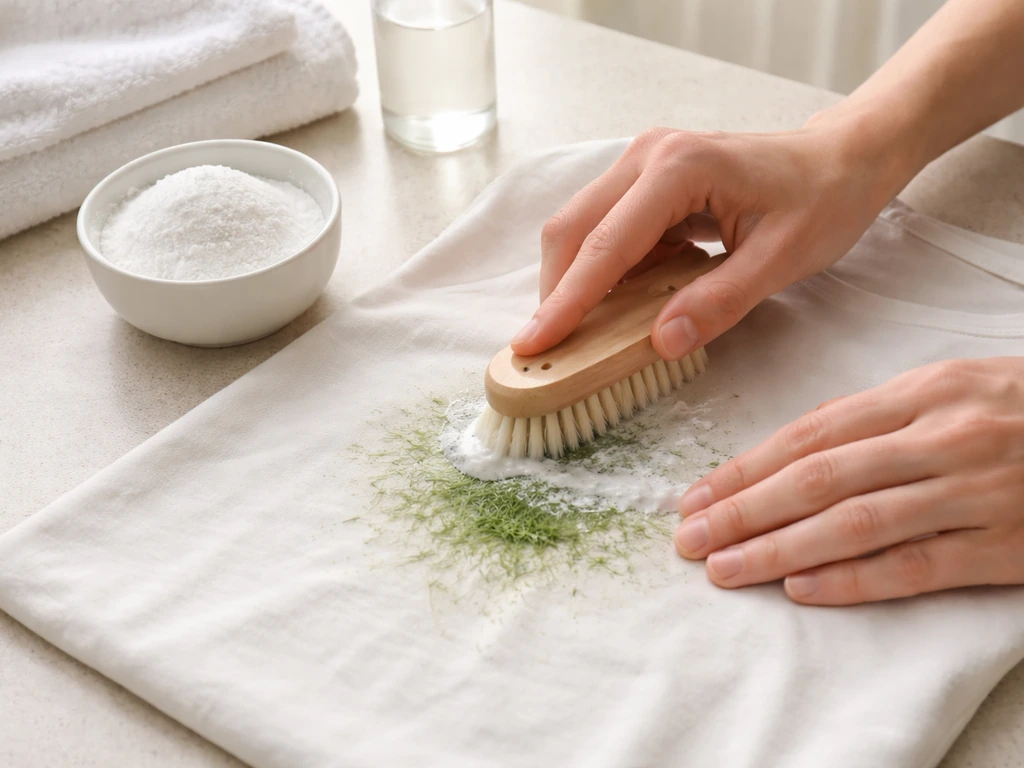 Mains anonymes appliquant un pré-traitement oxygène actif sur une tache d’herbe, brosse et poudre visibles.