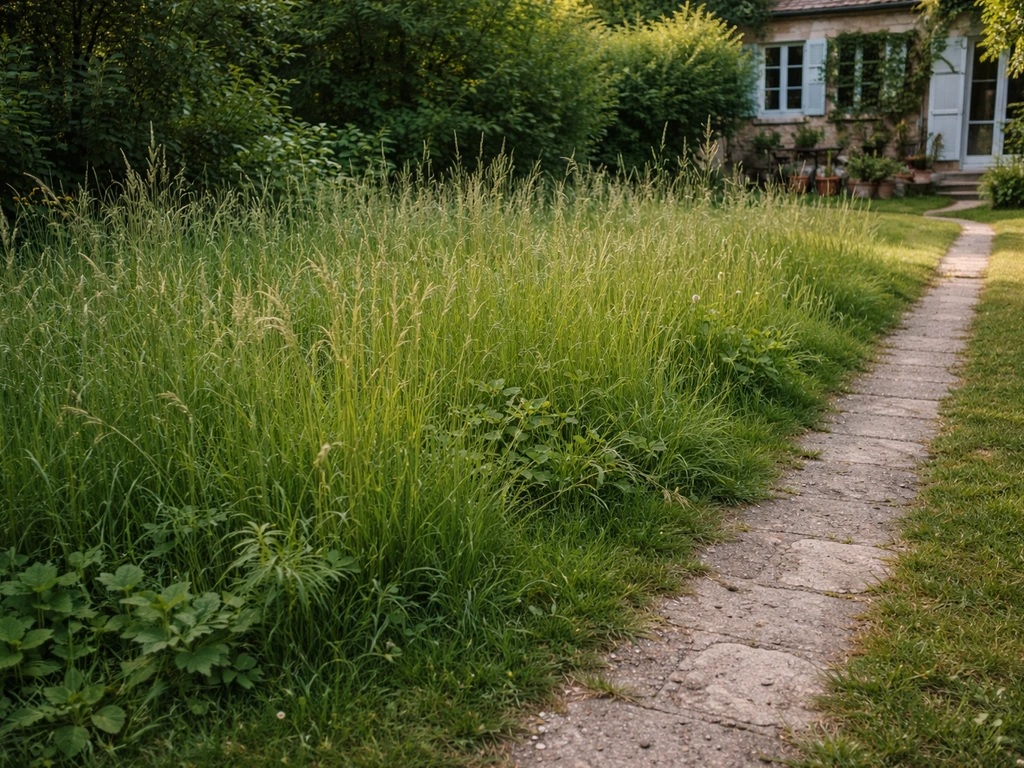 Pelouse envahie par les haute herbe au jardin, avec une allée visible sur le côté avant rattrapage.