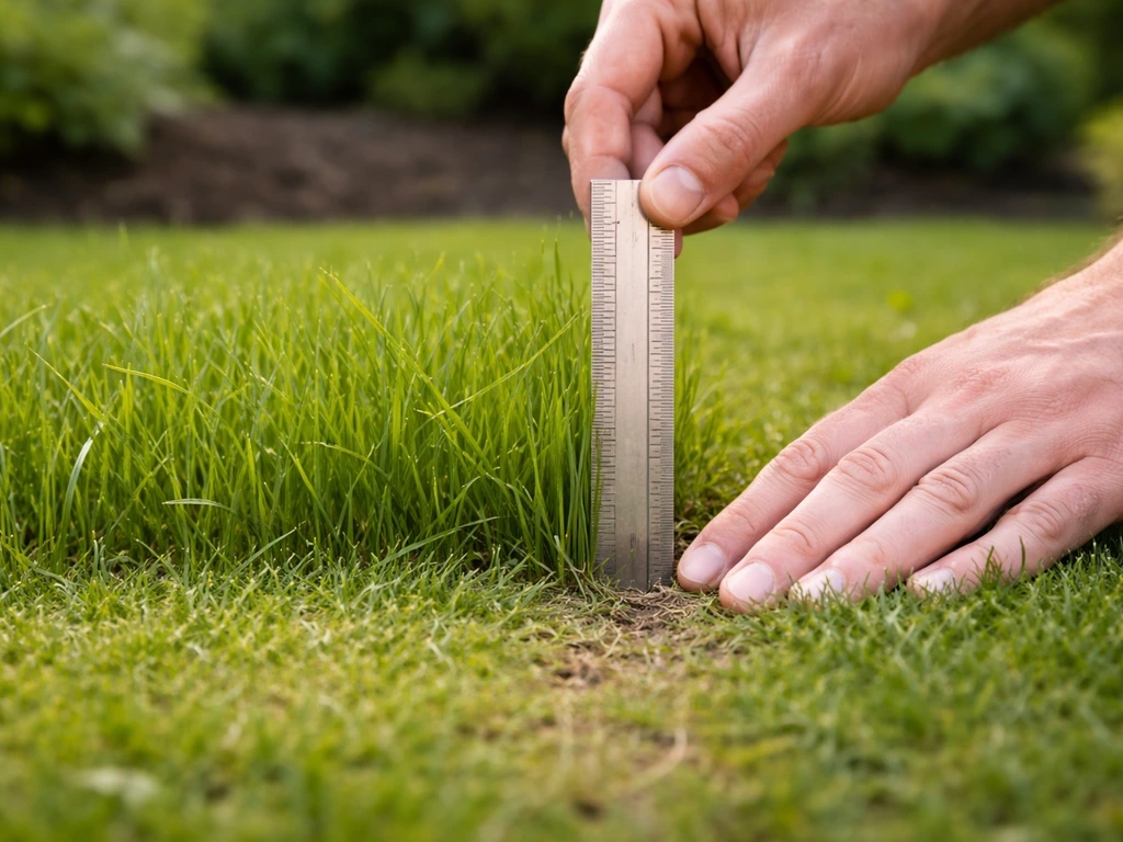 Mains tenant une règle au sol pour mesurer la hauteur de l’herbe sur une pelouse avant la tonte.