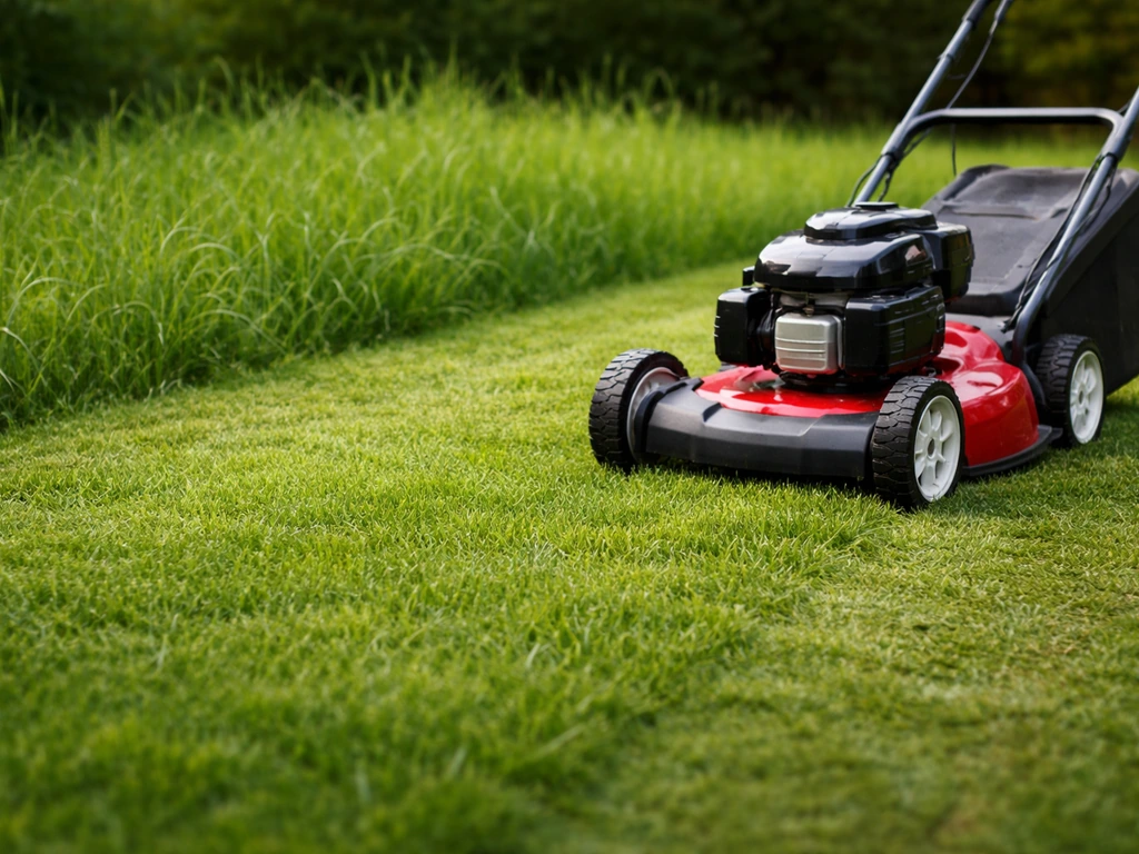 Tondeuse sur une pelouse trop haute, coupe progressive sans raser l’herbe.