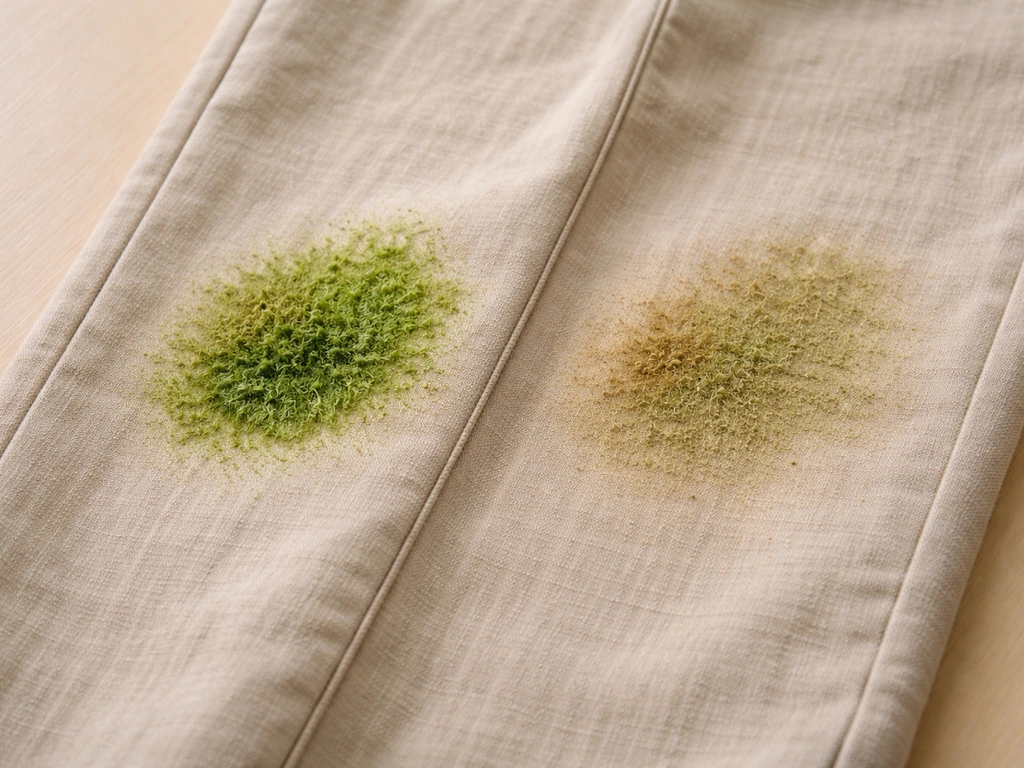 Gros plan sur une tache d’herbe verte sur un pantalon beige, montrant une zone fraîche et une zone ancienne, texture vis