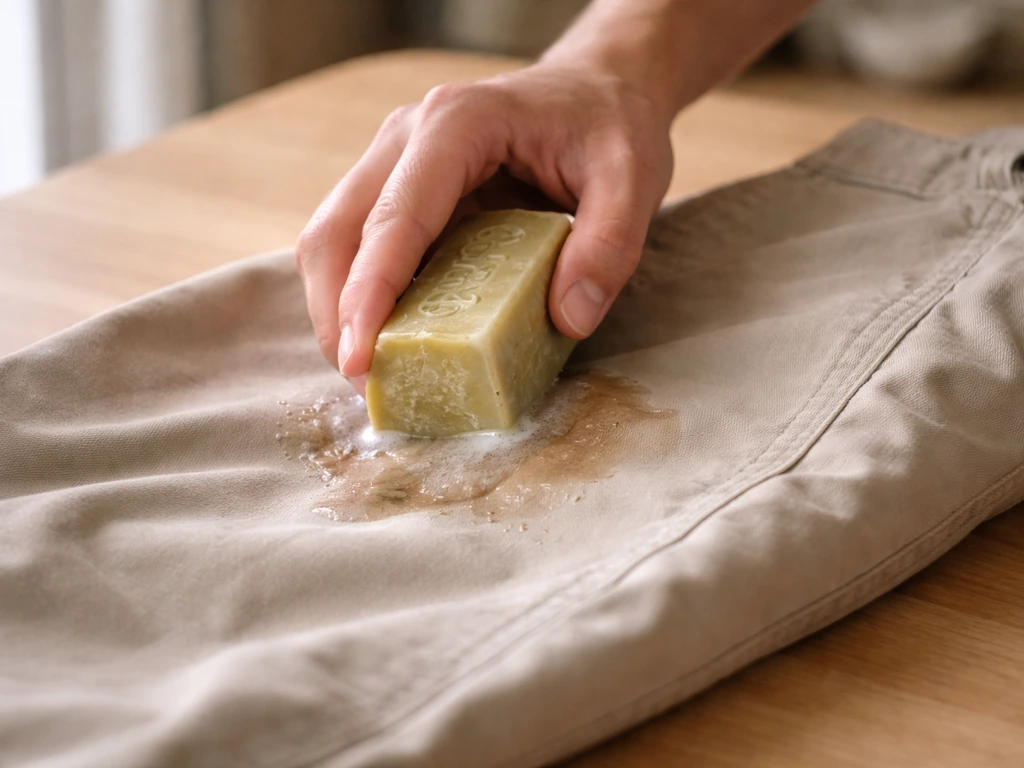Pain de savon de Marseille appliqué sur une tache sur un pantalon beige, frotter doux et zone humidifiée.