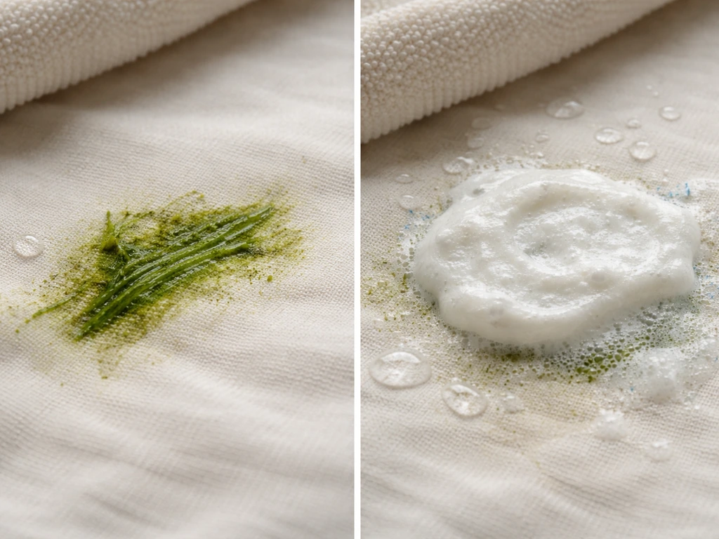 Tache d’herbe tenace sur tissu, puis pâte de bicarbonate appliquée et rinçage visible sur la même zone.