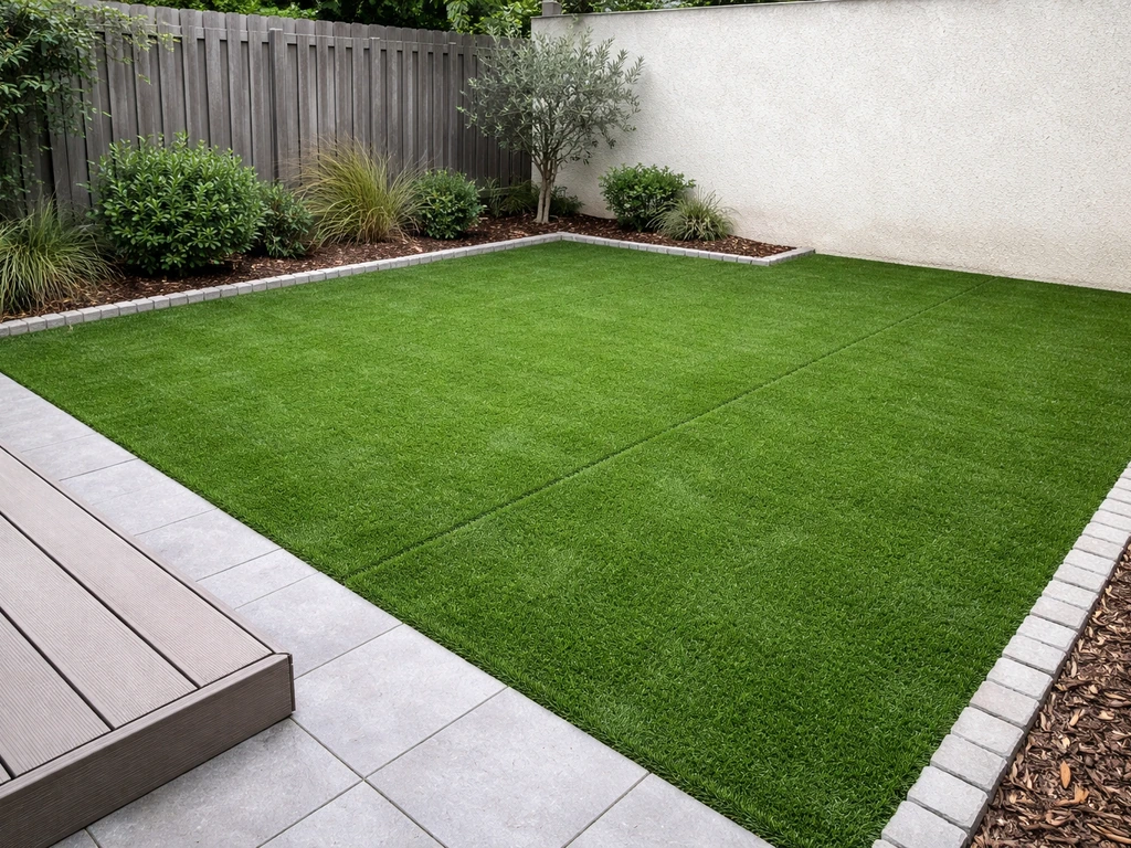 Terrasse/jardin fraîchement refaits avec du gazon synthétique, jonctions et bordures visibles, texture réaliste.