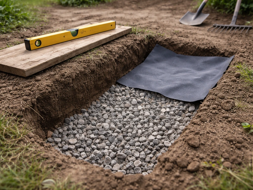 Tranchée de jardin avec couche drainante de gravats et géotextile, vue étape par étape sur sol naturel
