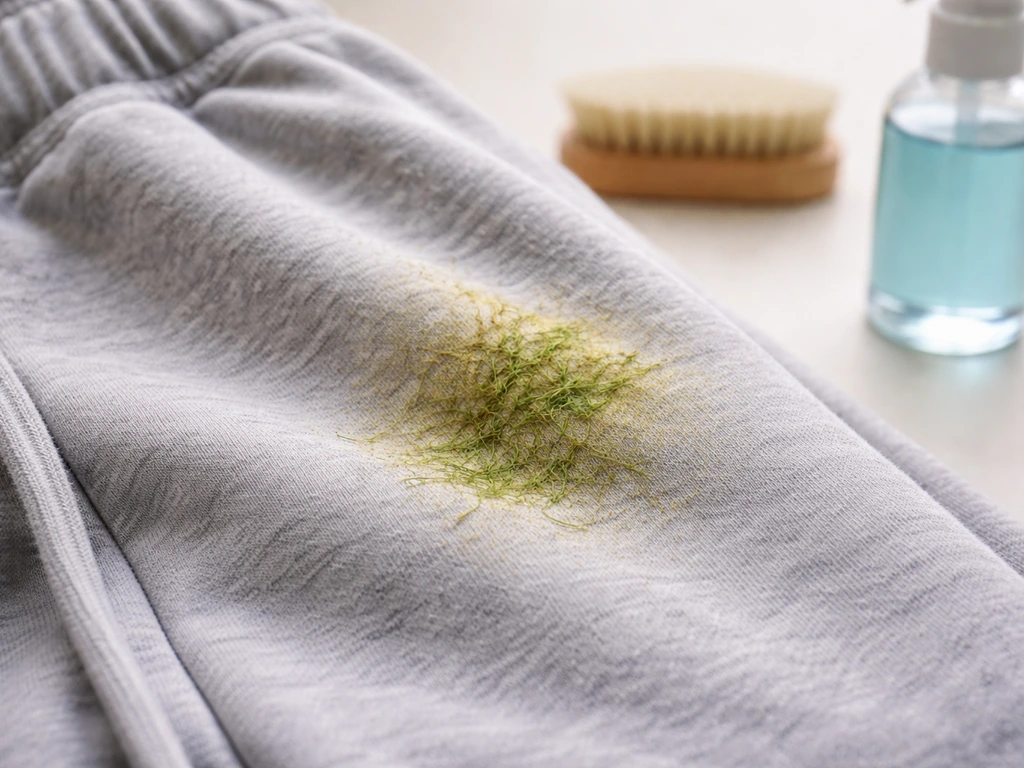 Gros plan d’une tache d’herbe verte sur un jogging, avec brosse douce et détachant en arrière-plan