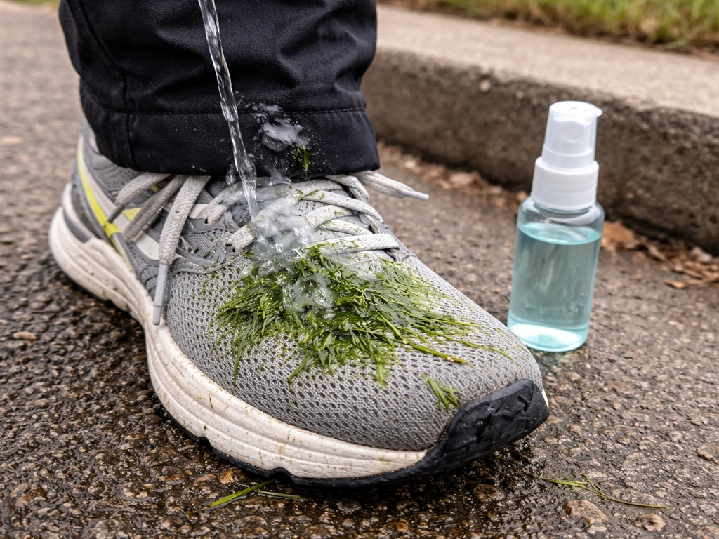 Gros plan d’une tache d’herbe fraîche sur un pantalon de jogging, tamponnée à l’eau froide, prétraitant à côté.
