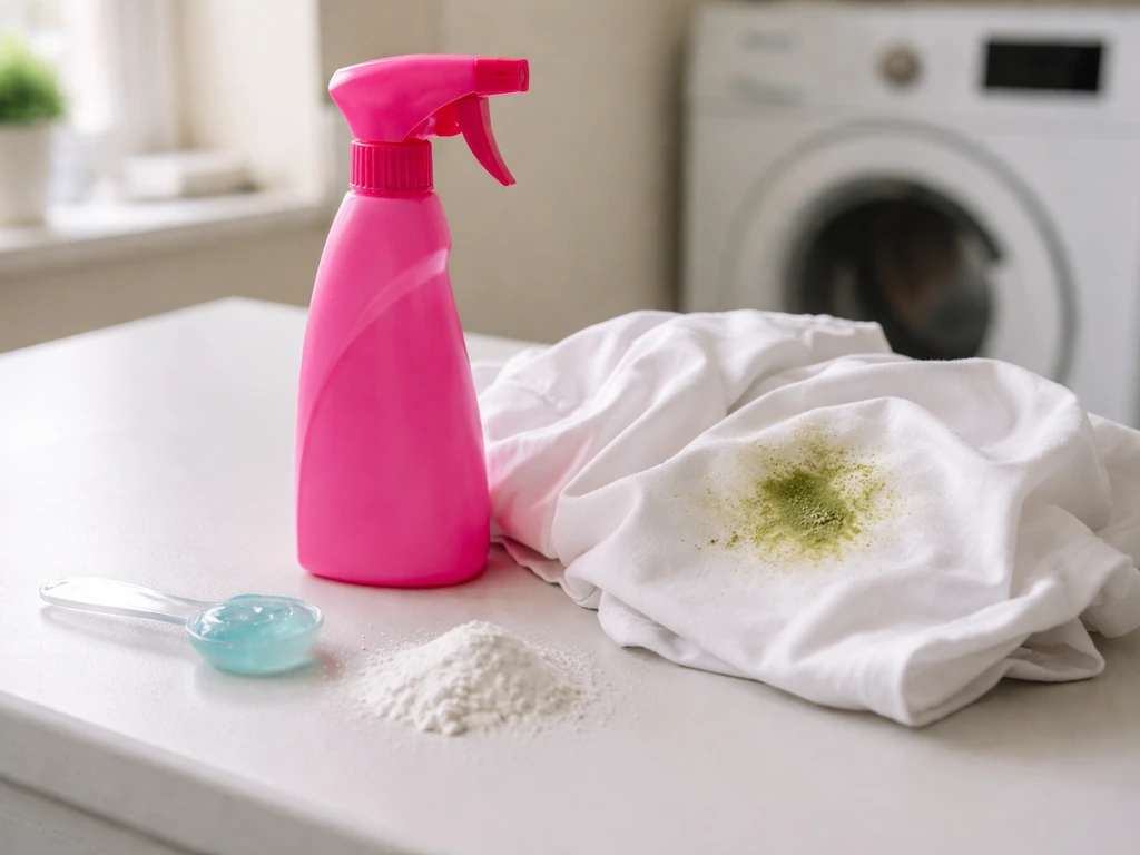 Flacon Vanish Oxi Action et gel/poudre prêts à prétraiter une tache d’herbe sur un linge