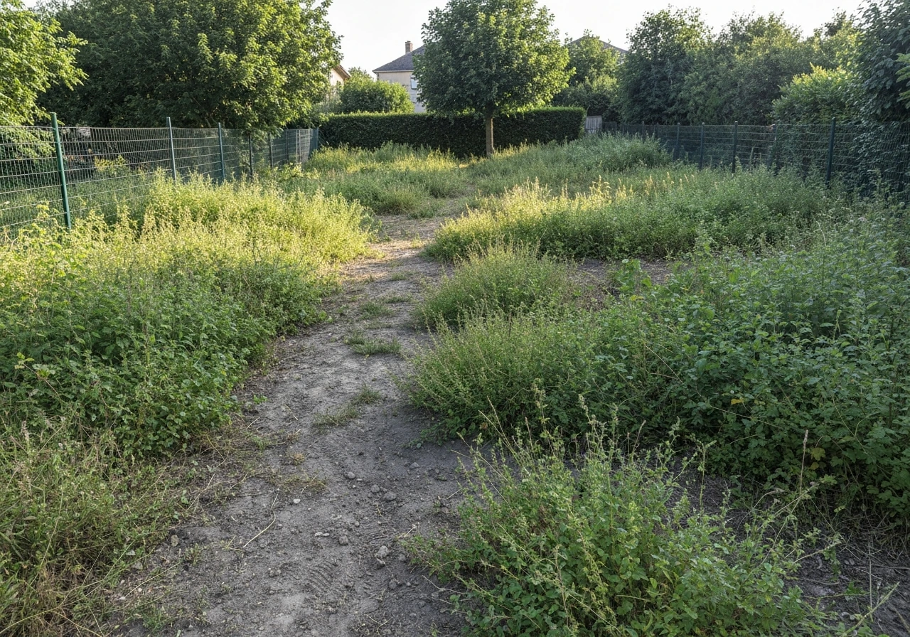 Zone d’herbe haute envahissante près d’une clôture, avant débroussaillage.