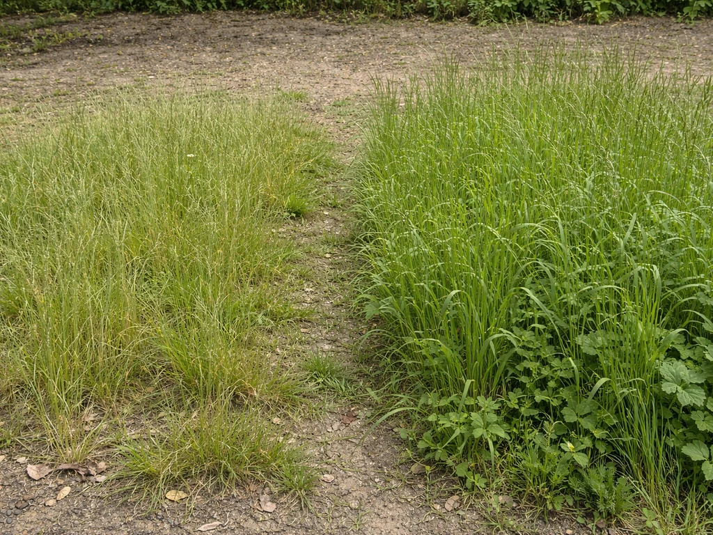 Deux zones d’herbe haute contrastées : herbe fine et clairsemée à gauche, herbe dense et touffue à droite.