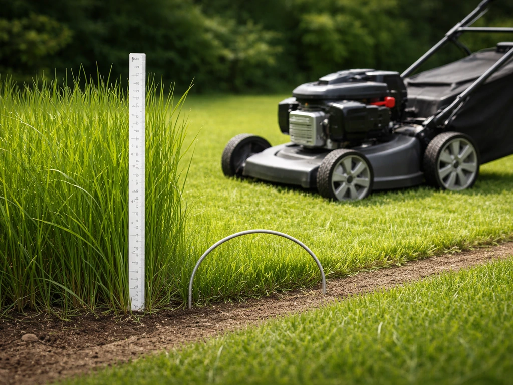 Tondeuse et règle de jardin sur une pelouse, montrant deux zones de tonte pour le principe des deux passages.