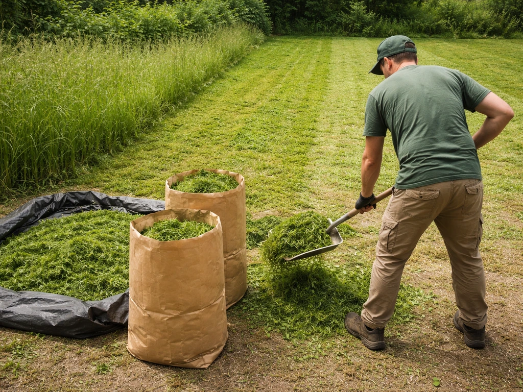 Parcelle de jardin après tonte : herbe ramassée et sacs/bâche pour collecter les résidus, avant/après discret.