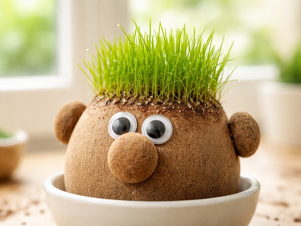 Gros plan d’un Monsieur Patate herbe prêt à pousser, avec une pousse verte naissante au sommet.