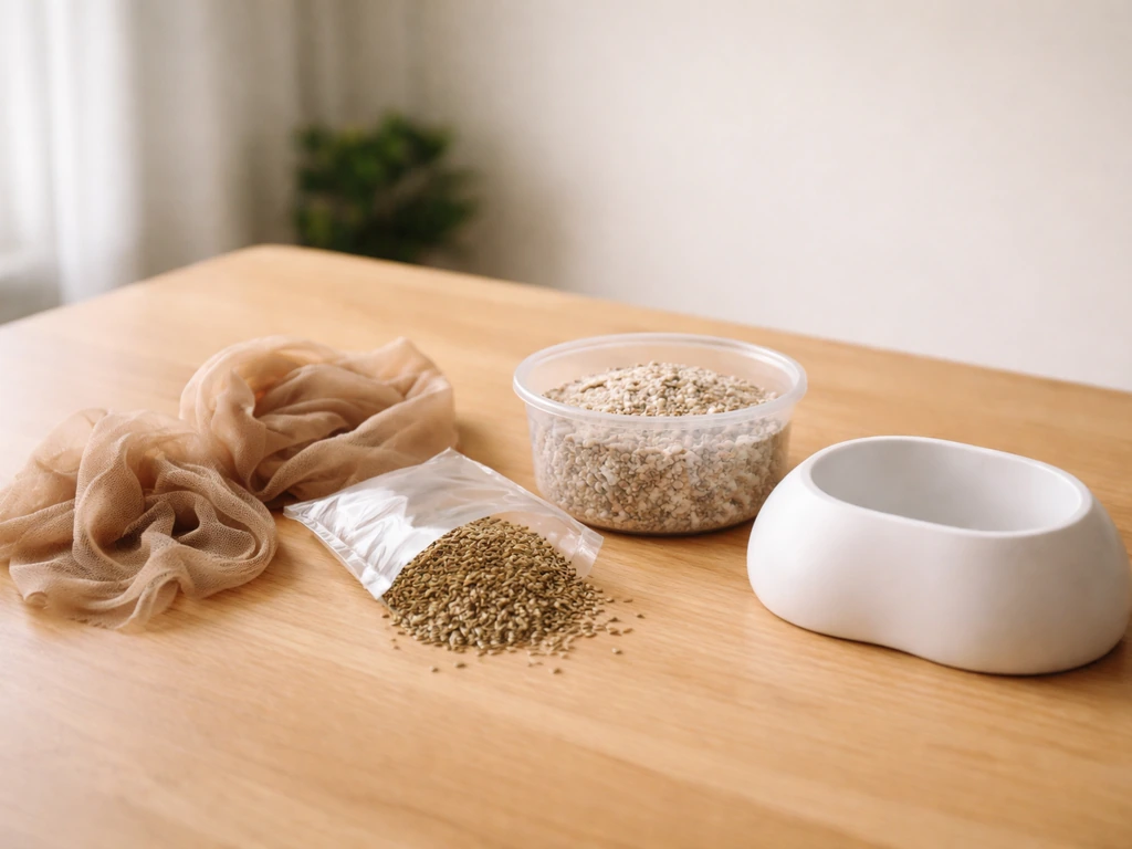 Fournitures de jardinage sur une table : chaussette en nylon, graines, substrat et base de support blanc en forme de pat