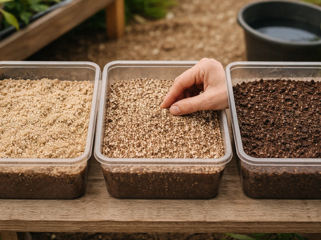 Trois bacs de culture avec textures différentes, montrant un substrat léger vs variantes capillarité/humidité.