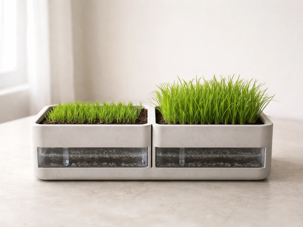 Deux bacs de culture avec niveau d’eau visible et repousse d’herbe plus dense, lumière naturelle.