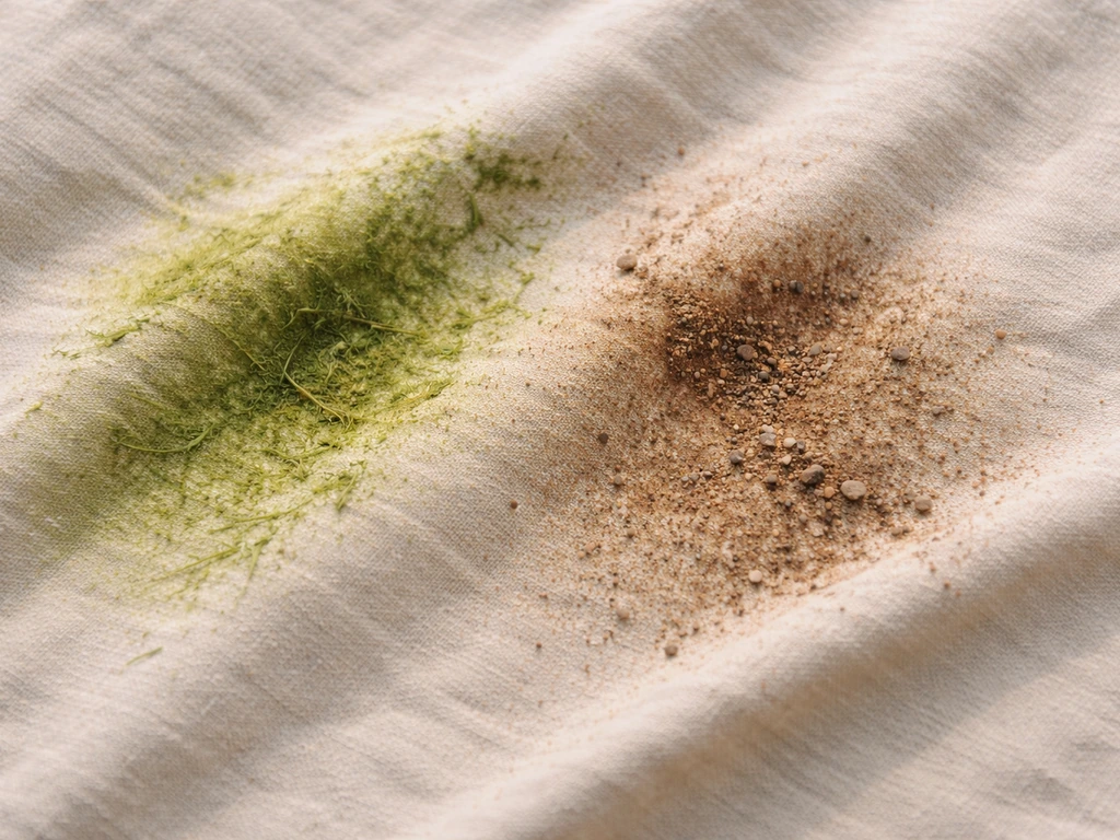 Chiffon et tissu avec taches vertes d’herbe et zones brun terreux, gros plan réaliste