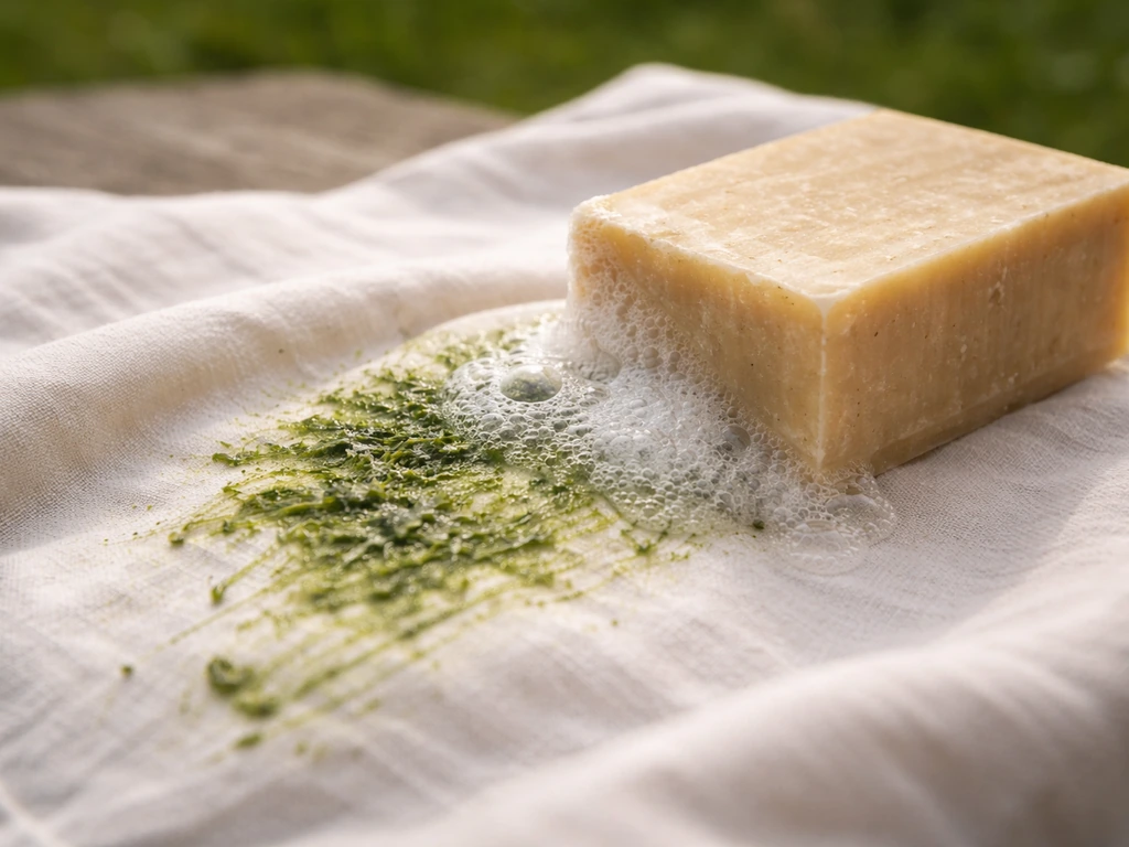 Frottage d’une tache d’herbe avec du savon de Marseille, mousse visible sur le tissu