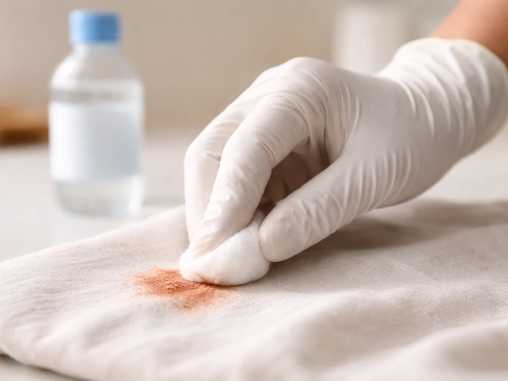 Main gantée tamponnant une tache sur un tissu clair avec un coton imbibé, alcool ménager à 70°.