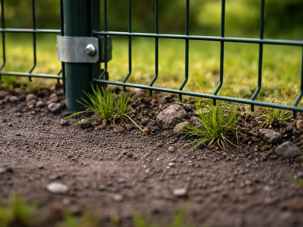 Jeunes herbes poussant dans un sol sombre et compacté au pied d’un grillage, près de pierres de fondation