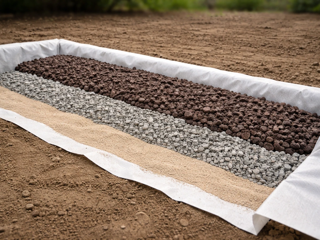 Pose d’une bande de géotextile au sol avec couches de sable, graviers et pouzzolane pour drainage