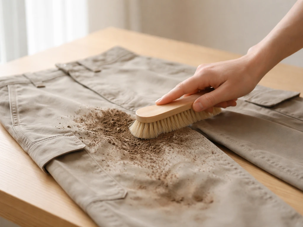 Vêtement taché de terre/boue séchée brossé délicatement avant lavage, sur une table près d’une fenêtre