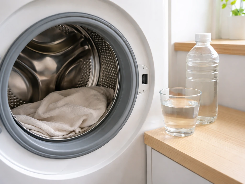 Vêtement clair placé dans le tambour du lave-linge, après rinçage à l’eau froide.