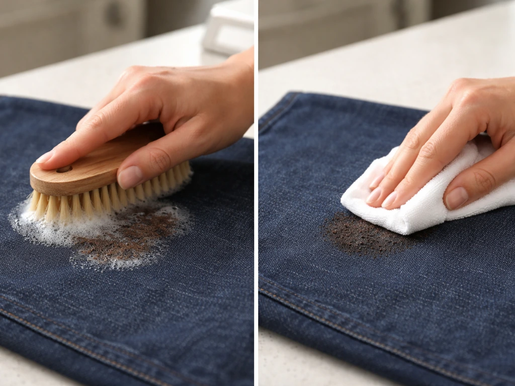 Brosse qui frotte une tache sur un tissu sombre, à côté d’une main qui tamponne doucement avec un chiffon blanc.