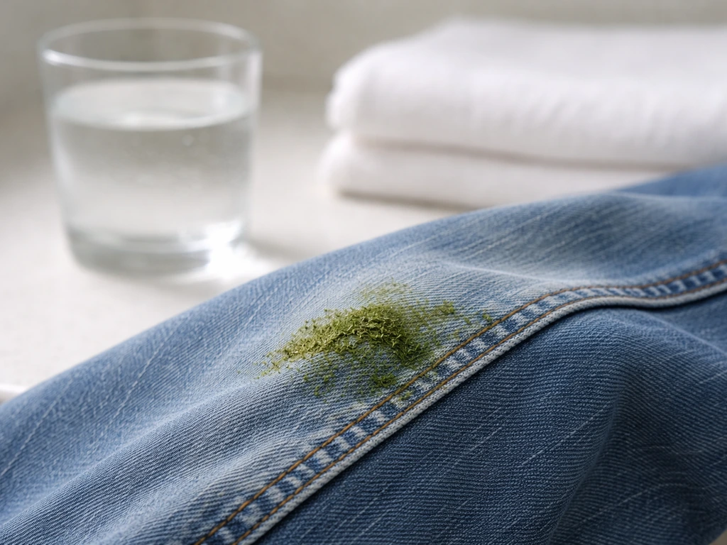 Gros plan d’une tâche d’herbe sur un jean, avec eau froide et serviette en arrière-plan.