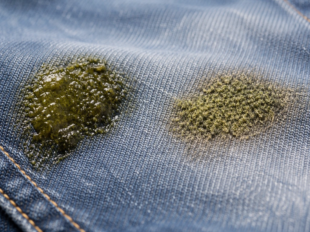 Gros plan sur un jean : zone avec résidu vert humide vs zone plus sèche et terne
