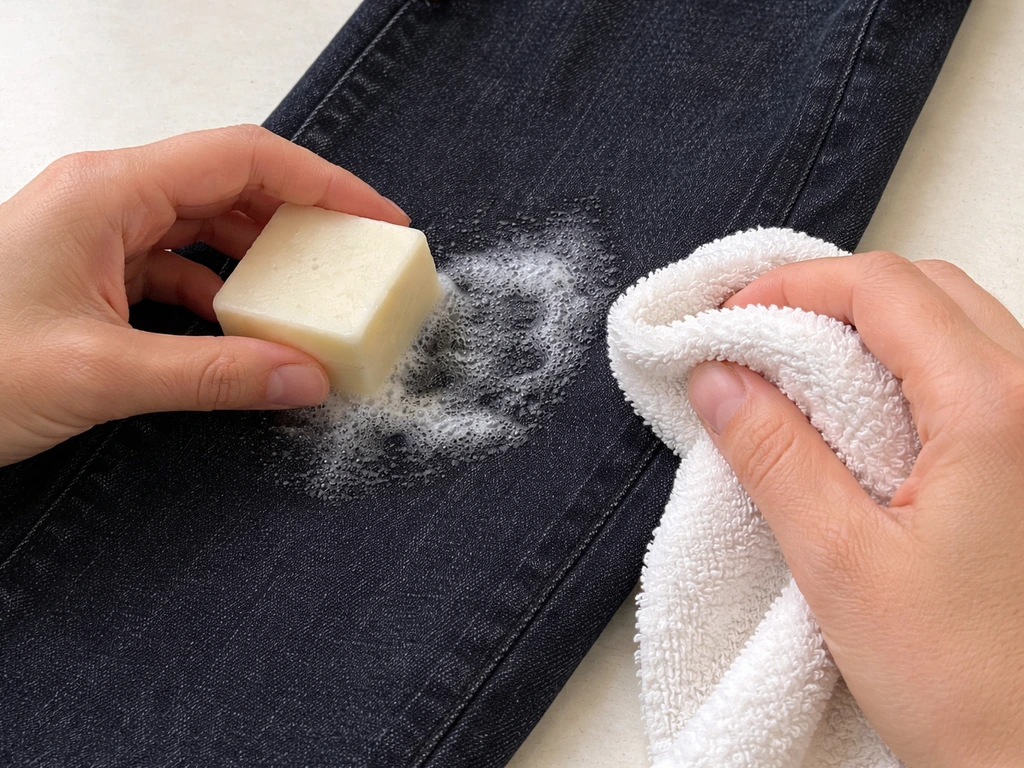 Application douce de savon de Marseille en mousse sur une tache d’un jean foncé, avec tamponnage au linge.