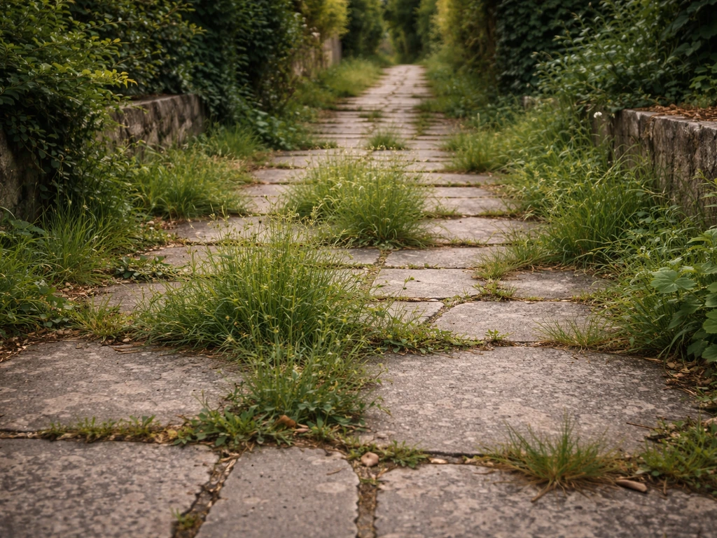 Passage extérieur encombré d’herbe entre les dalles, obstacle au quotidien à la porte d’une maison.