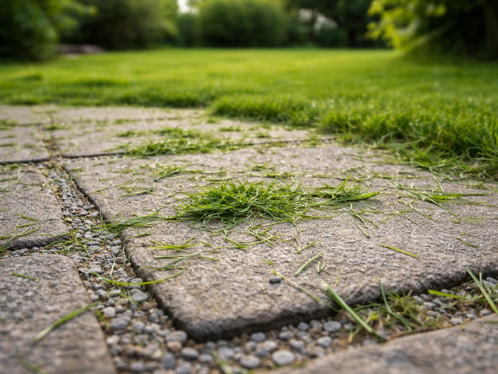 Herbe fraîchement coupée projetée sur une allée, avec traces sur les dalles après la tonte