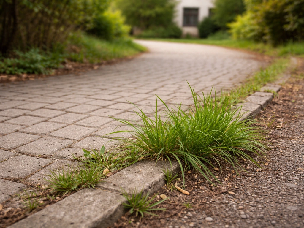 Allée envahie par de l’herbe vivante qui déborde depuis la bordure jusqu’au chemin