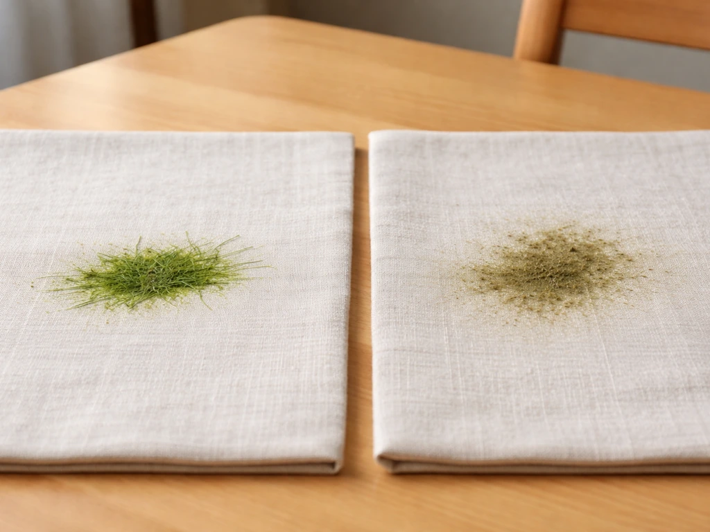 Deux zones de tissu identiques montrant une tache d’herbe fraîche et une tache d’herbe sèche incrustée.