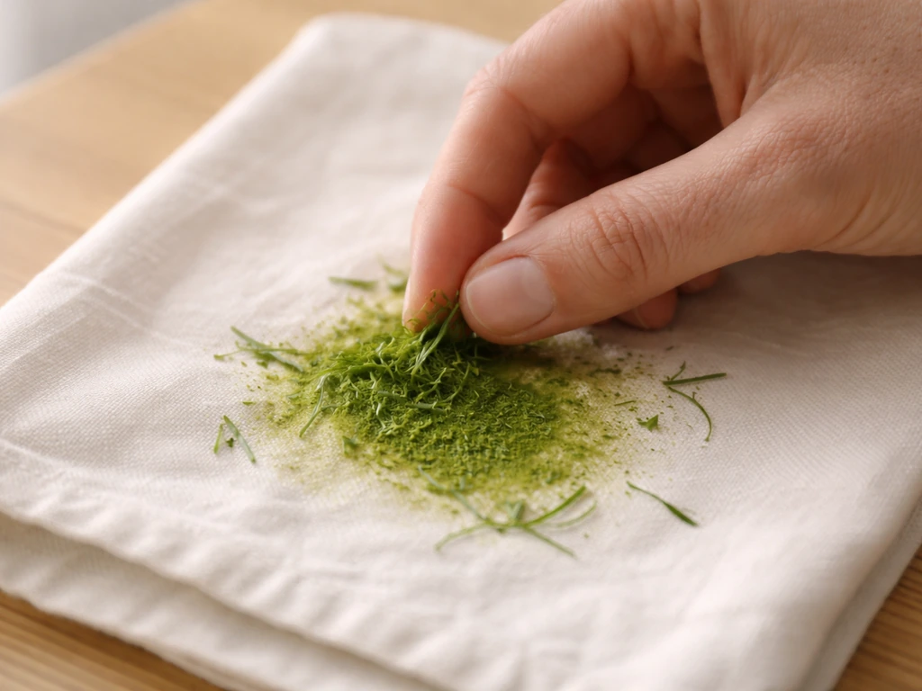 Main retirant de l’herbe fraîche d’une tache sur un tissu, juste avant lavage.