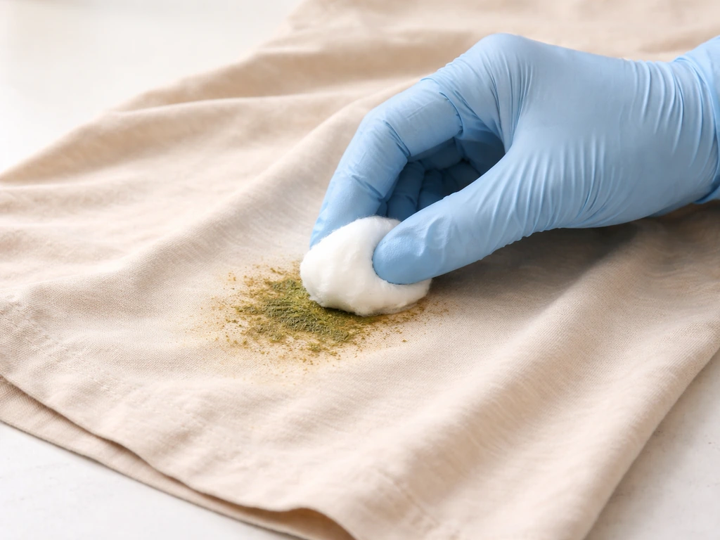 Main gantée tamponne une tache d’herbe sèche avec une boule de coton imbibée d’alcool à 70°.