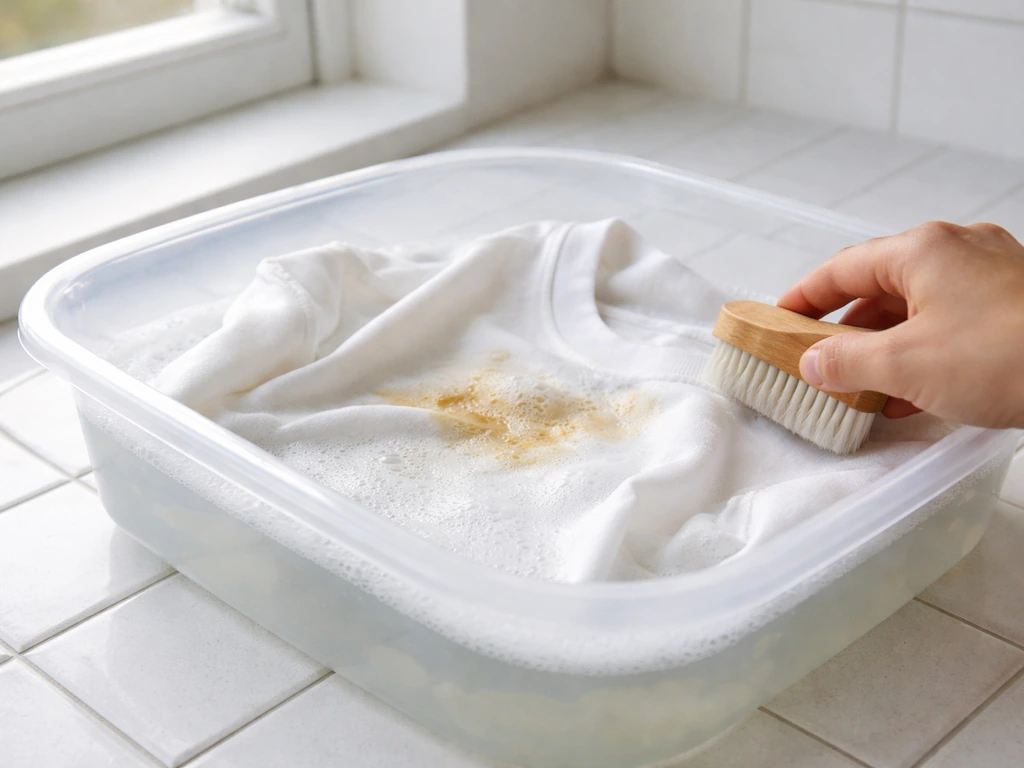 Vêtement blanc taché trempant dans une bassine d’eau froide avec lessive enzymatique, brossage doux de la tache