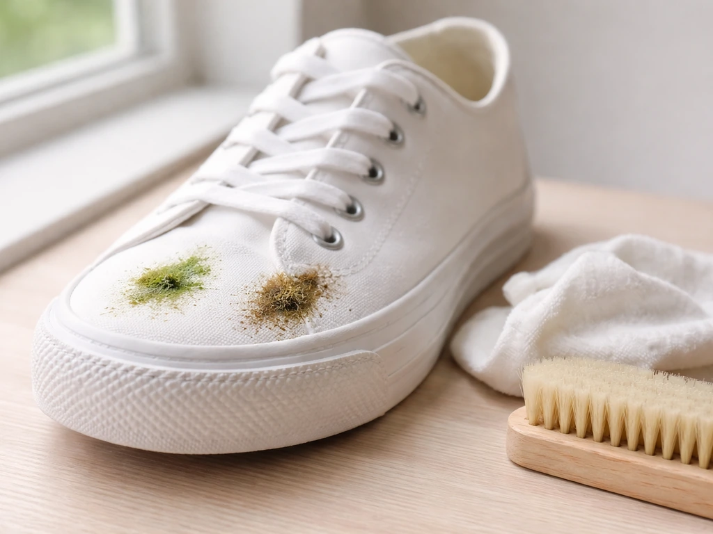 Chaussure blanche en toile avec taches d’herbe comparant zone humide brillante et zone sèche incrustée.