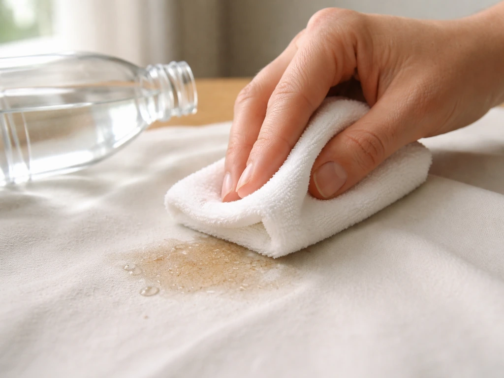 Gros plan sur un chiffon tamponnant une tache fraîche avec du vinaigre blanc sur un tissu clair.