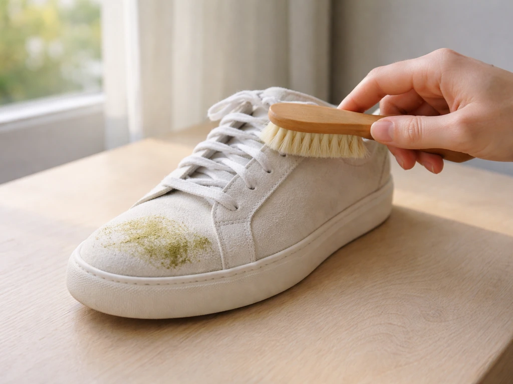 Main brossant une chaussure en daim blanc tachée d’herbe, dans le sens du velours.