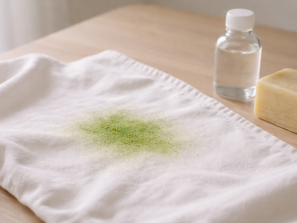 Coton blanc avec une zone verdâtre de tache d’herbe avant traitement, savon de Marseille et eau froide à côté.