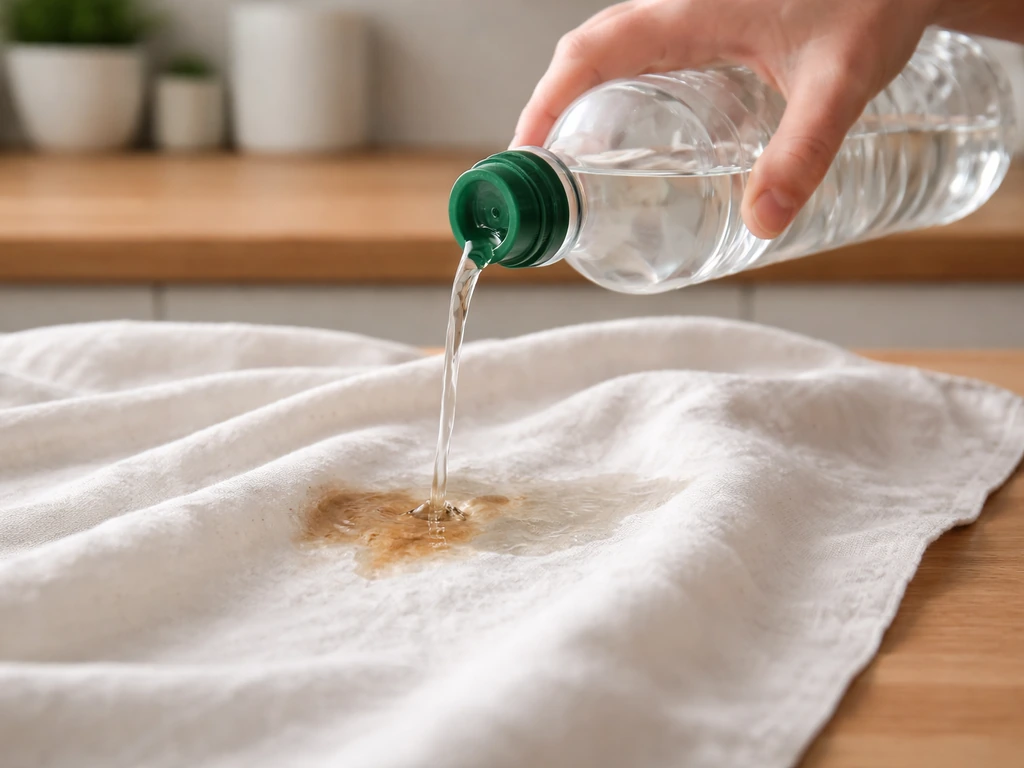 Un filet de vinaigre blanc appliqué sur une tache d’un tissu en coton blanc, sur une table claire.